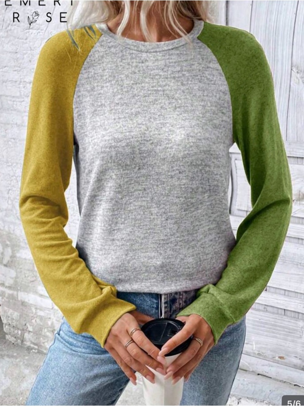 SHEIN Two-Tone Raglan Sweatshirt in Gray, Olive & Mustard